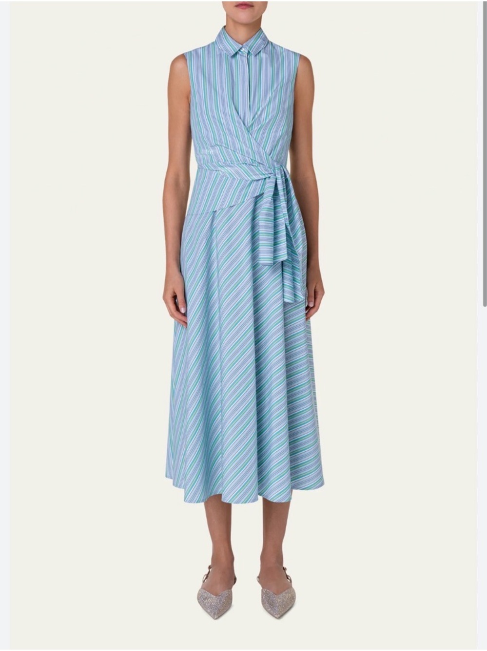 AKRIS PUNTO Striped Poplin Wrap Midi Dress in Blue-Green Stripe Size Women’s 8